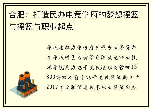 合肥：打造民办电竞学府的梦想摇篮与摇篮与职业起点