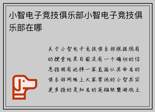 小智电子竞技俱乐部小智电子竞技俱乐部在哪